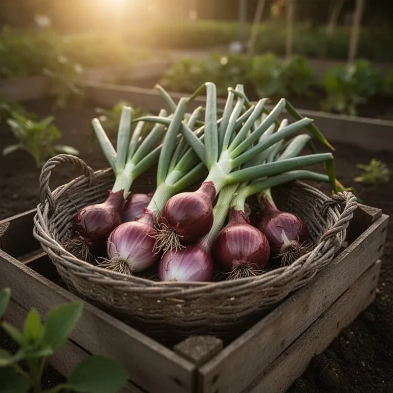 Ein Bund frisch gezogener roter Frühlingszwiebeln mit Erde an den Wurzeln und leuchtend rot-violetten Stielen