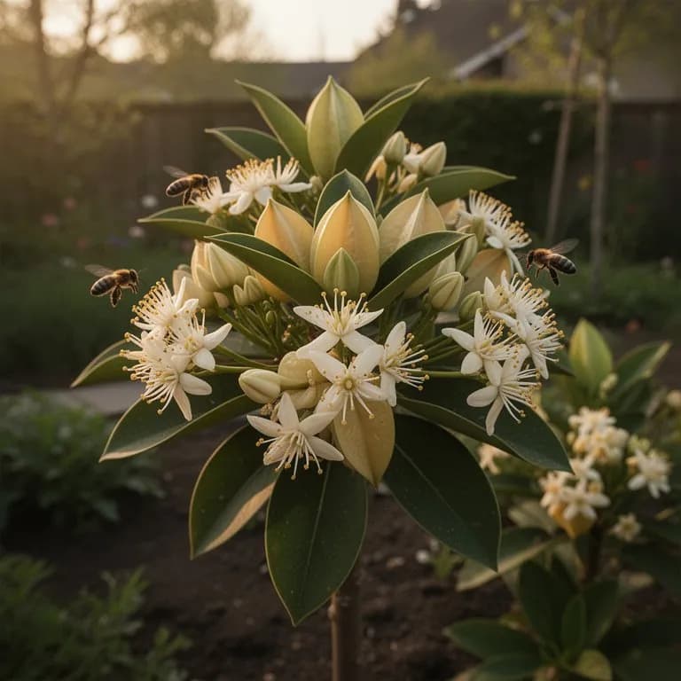 Pequeñas flores rosa violáceas de carambola en una rama