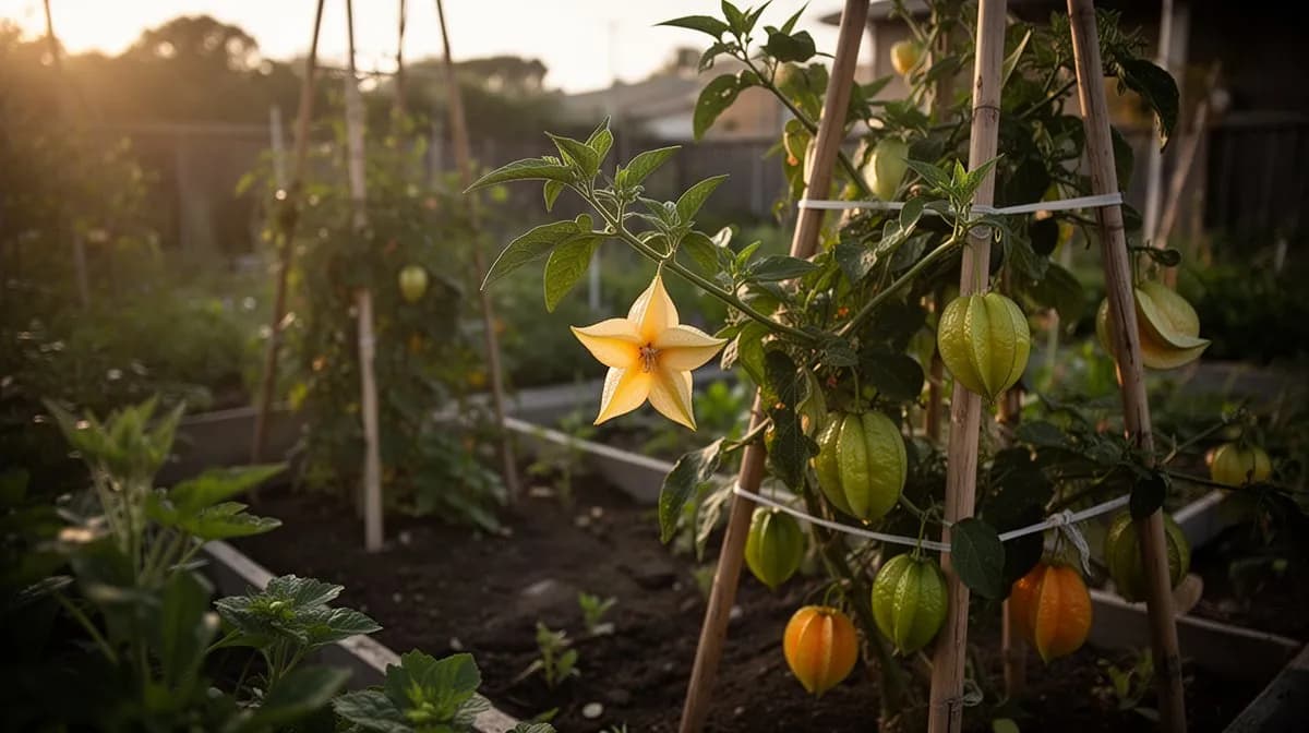 Árbol de carambola creciendo en un gran contenedor en un patio soleado