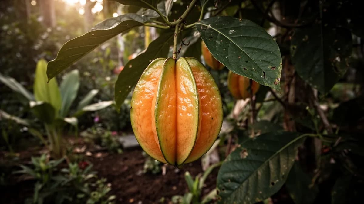 Un jardinero podando un árbol de carambola para mantener una copa abierta
