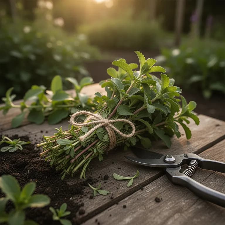Frisch geerntete Stevia-Zweige mit hellgrünen Blättern auf einem Holzschneidebrett