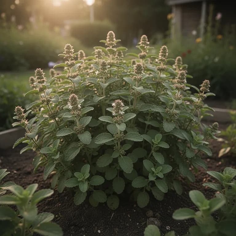 Buschige, ausgewachsene Stevia-Pflanze mit dichtem grünem Laub in einem sonnigen Gartenbeet