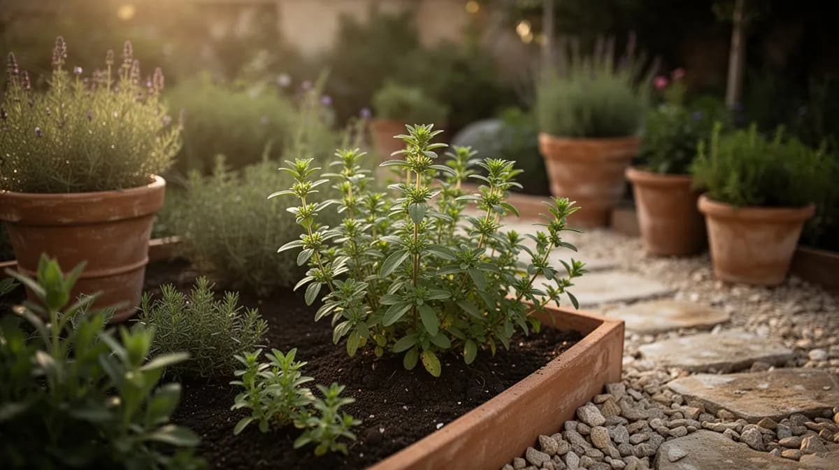 Stevia-Pflanze in einem Terrakotta-Topf auf einer sonnigen Terrasse