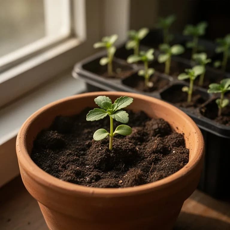 Junger Stevia-Sämling mit kleinen ovalen Blättern, der aus einem Anzuchttopf herauswächst