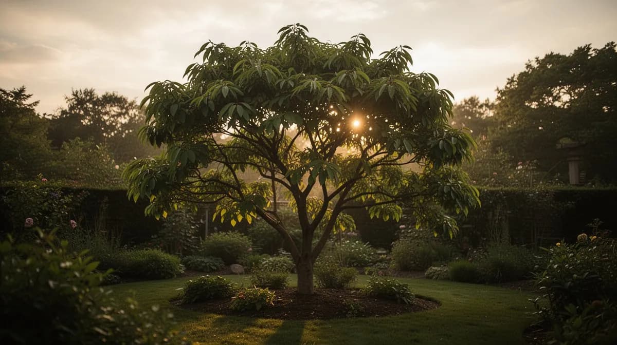Stewartia japonesa madura usada como plantación de especimen en un jardín residencial con sombra filtrada