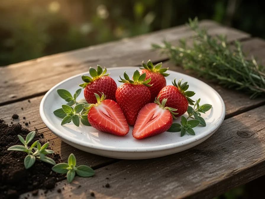 Strawberry plants growing through straw mulch in a raised bed