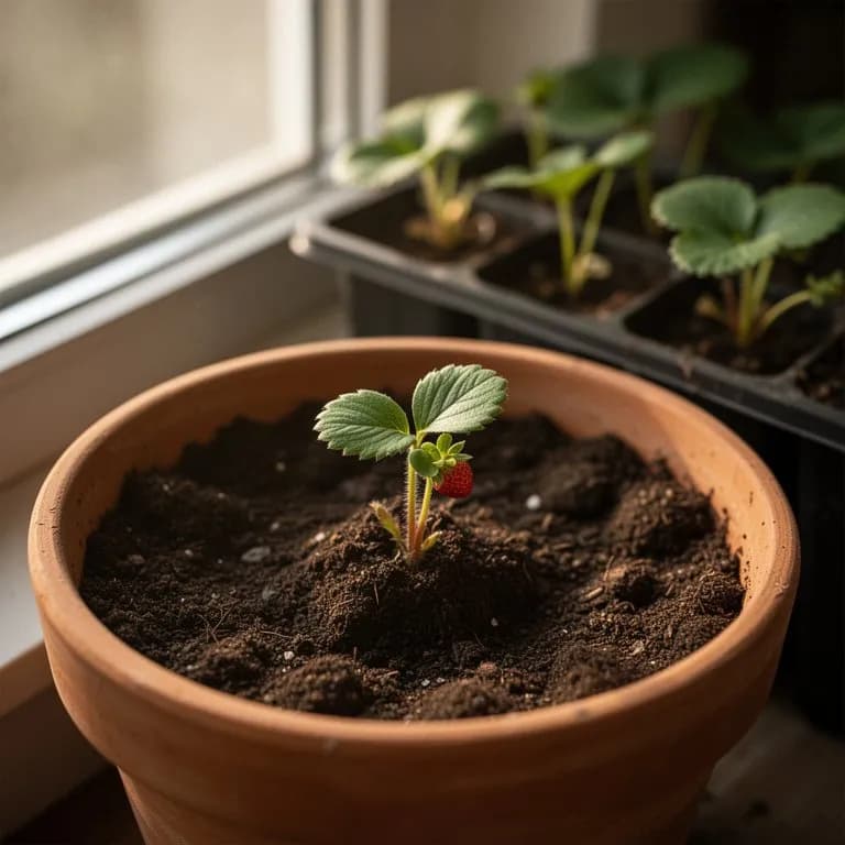 Young strawberry transplants with fresh green trifoliate leaves