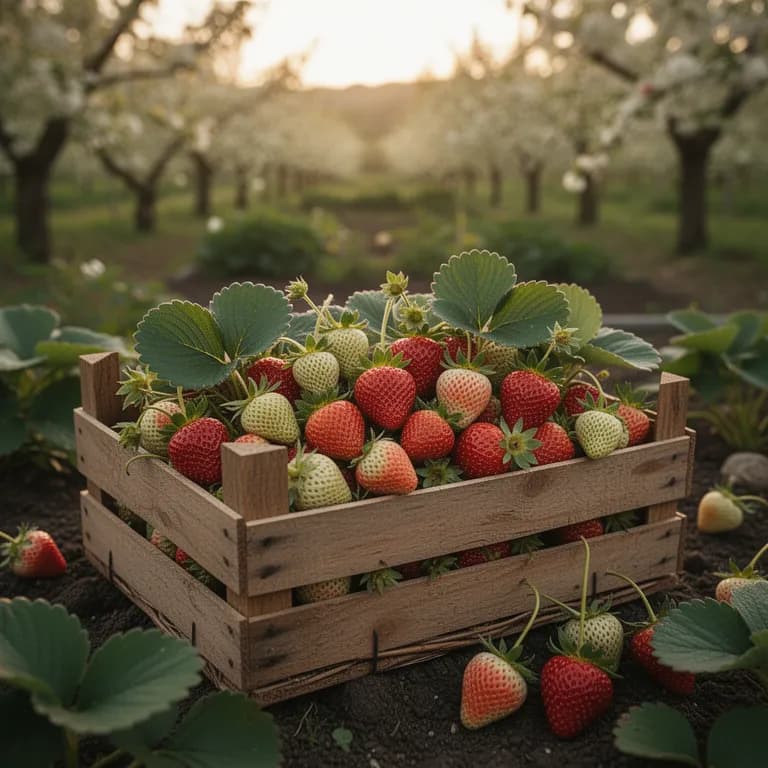 Kleine, intensiv rote, reife Alpen-Erdbeeren an der Pflanze
