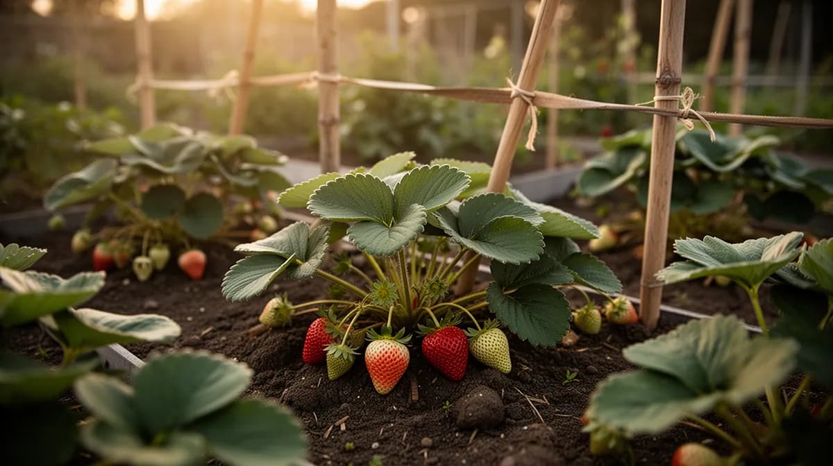 Tagneutrale Erdbeeren, die in einem Hochbeet wachsen