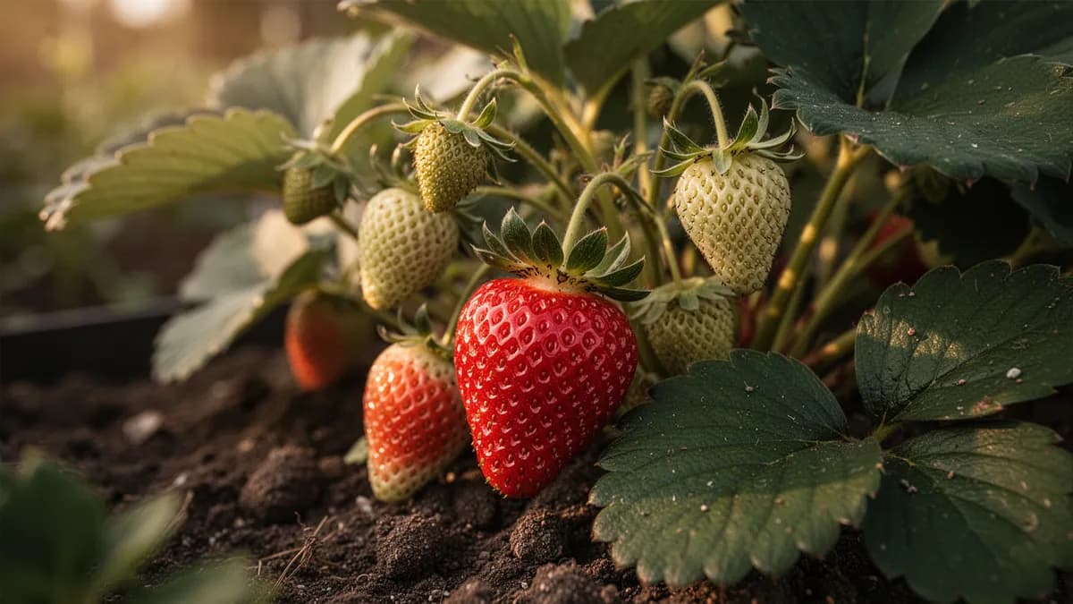 Planta de fresa enviando estolones sobre la superficie del suelo