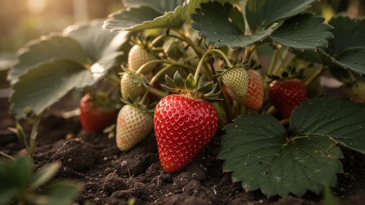 Coronas de fresa protegidas bajo una capa gruesa de paja en invierno