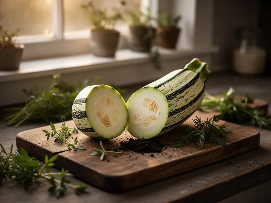 Ausgewachsene gestreifte Zucchini-Buschpflanze mit großen gelappten Blättern und sich entwickelnden Früchten