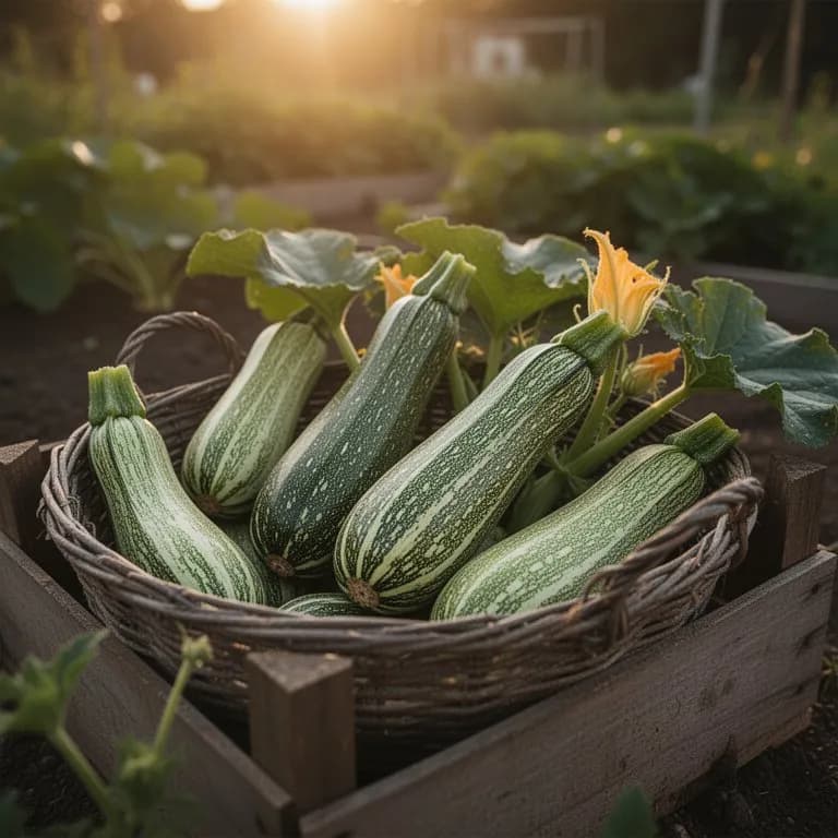 Frisch geerntete gestreifte Zucchini mit markanter grün-cremefarbener gerippter Schale auf einer Holzoberfläche