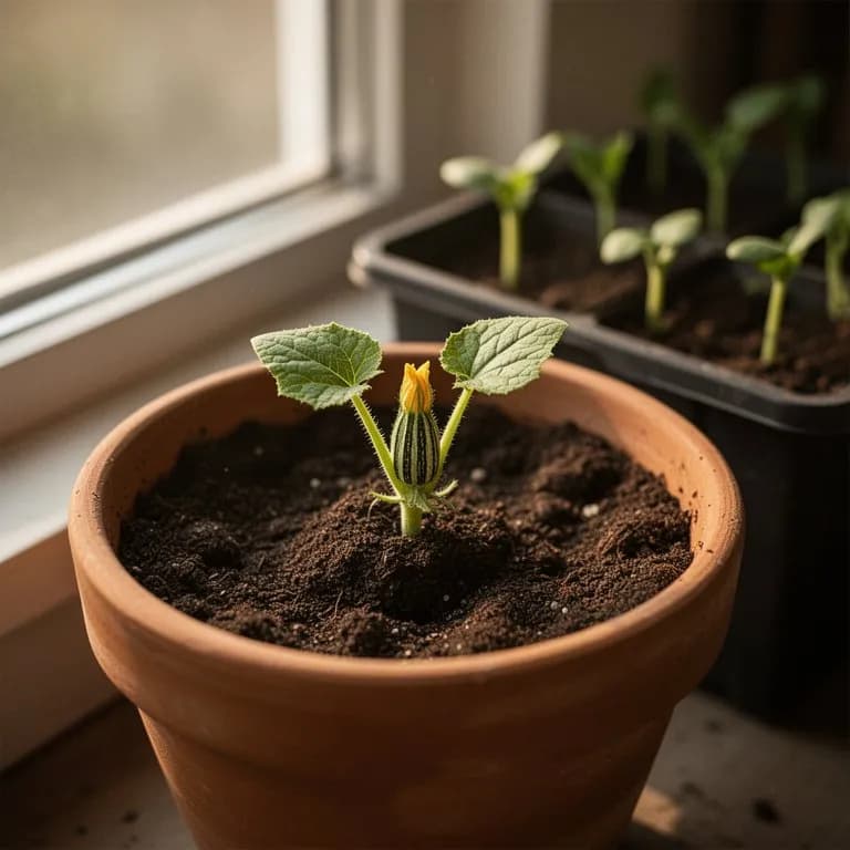 Junger gestreifter Zucchinisämling mit breiten Keimblättern, der aus nährstoffreicher Gartenerde hervorkommt