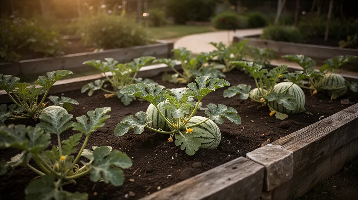 Sugar Baby Wassermelonenpflanzen in einem Hochbeet-Garten