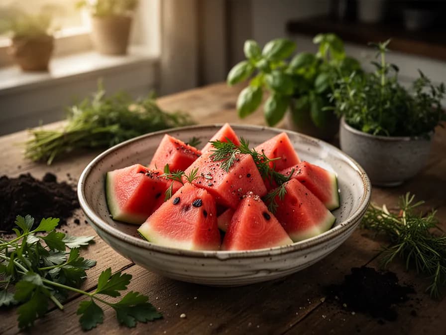 Frischer Wassermelonen-Feta-Minze-Salat in einer weißen Schüssel