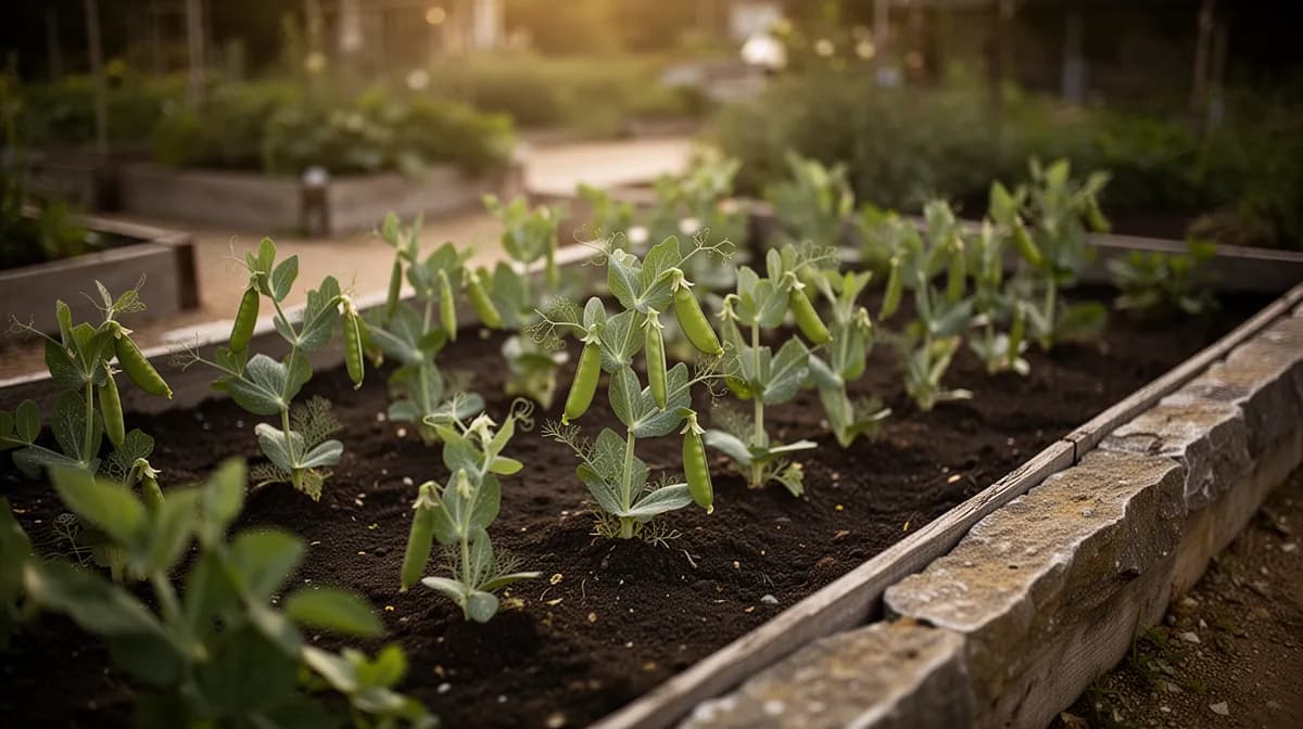 Zuckererbsenranken klettern an einem Gartenspalier mit üppigem grünem Laub empor