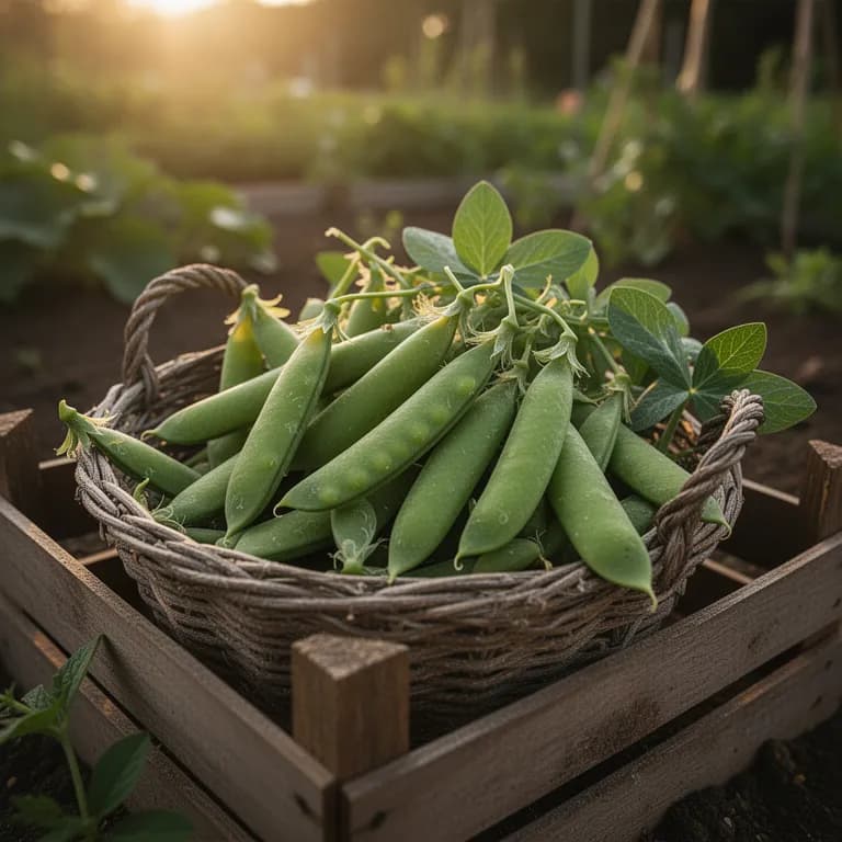 Pralle grüne Zuckererbsenhülsen hängen erntereif an der Ranke