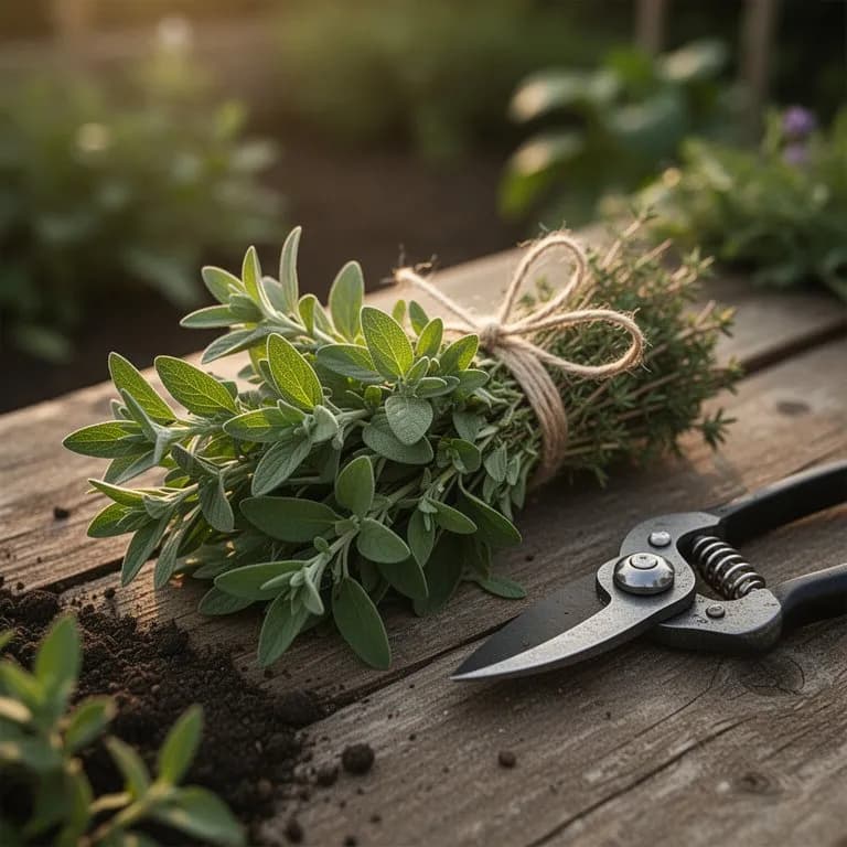 Frisch geschnittenes Bündel Sommerbohnenkraut-Stängel mit Küchengarn gebunden auf einem Holzschneidebrett