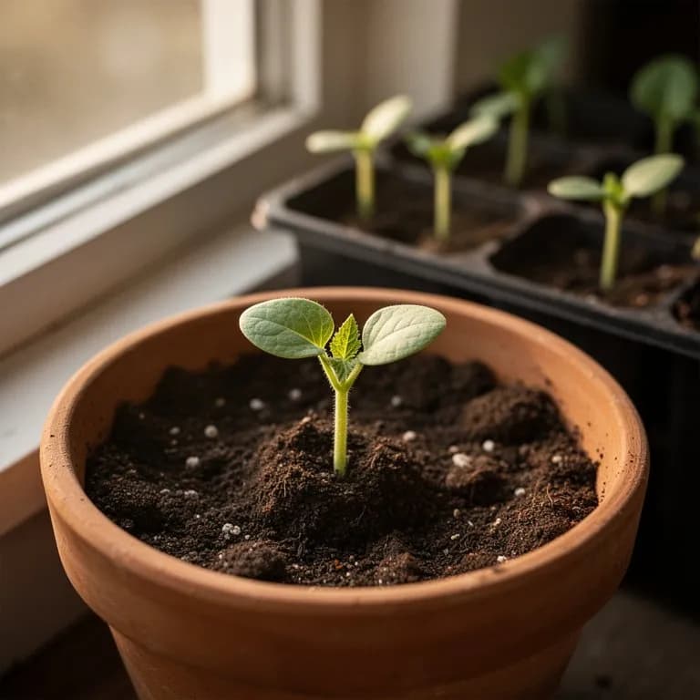 Junger Cousa-Kürbis-Setzling mit breiten Keimblättern, der aus warmem Gartenboden sprießt