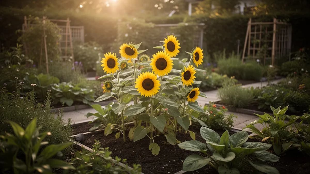 Field of sunflowers all facing the same direction in golden morning light