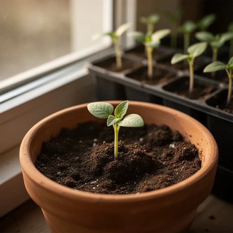 Sunflower seedlings pushing through dark soil with thick cotyledons