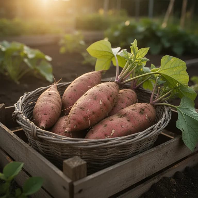 Freshly dug sweet potatoes in garden soil