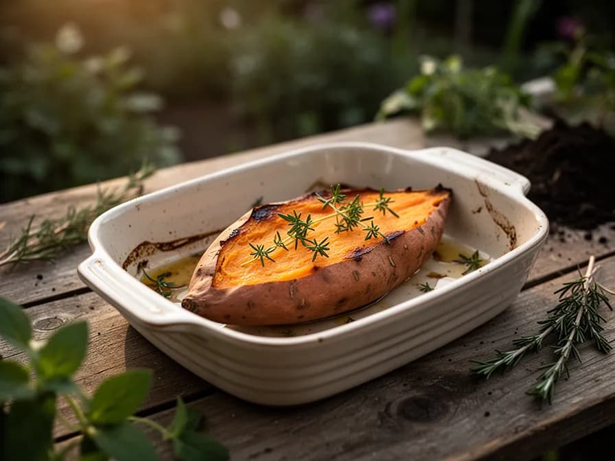 Baked sweet potato split open showing orange flesh
