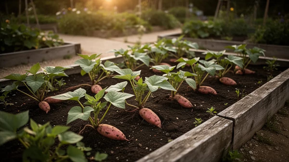 Üppige, kriechende Beauregard-Süßkartoffelranken, die sich über ein Gartenbeet mit herzförmigen grünen Blättern ausbreiten