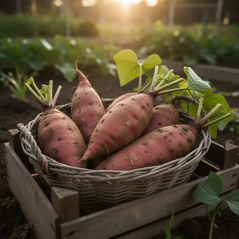 Frisch gegrabene Beauregard-Süßkartoffeln mit orangefarbener Schale neben einer Grabegabel bei der Pflanze