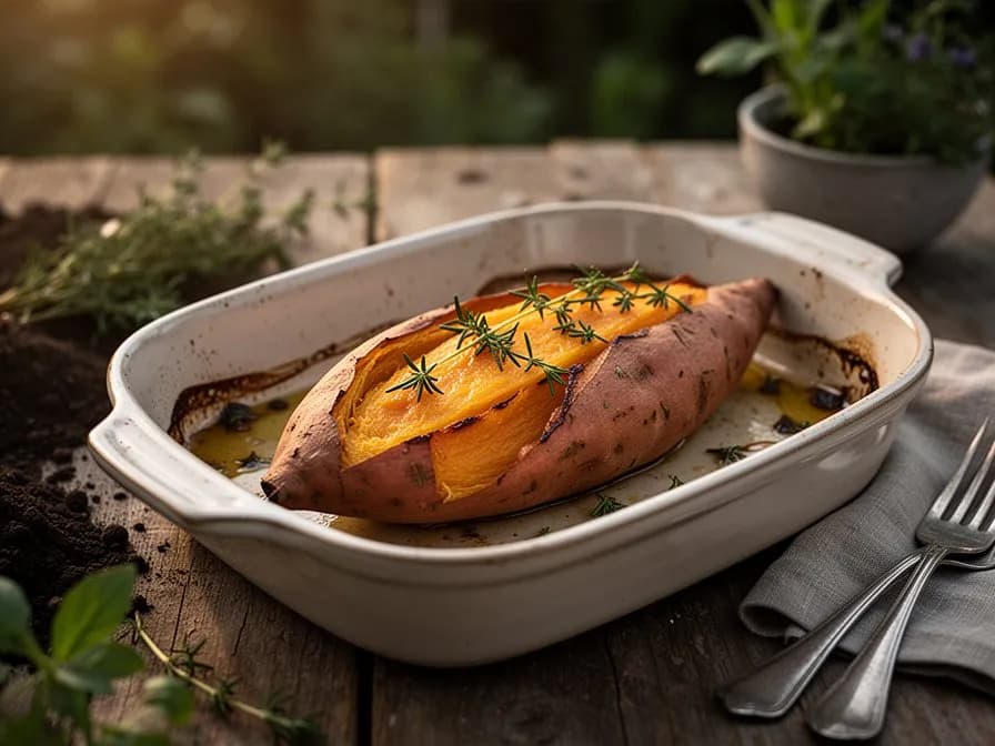 Aufgeschnittene gebackene Beauregard-Süßkartoffel mit karamellisiertem orangefarbenem Fruchtfleisch, belegt mit Butter