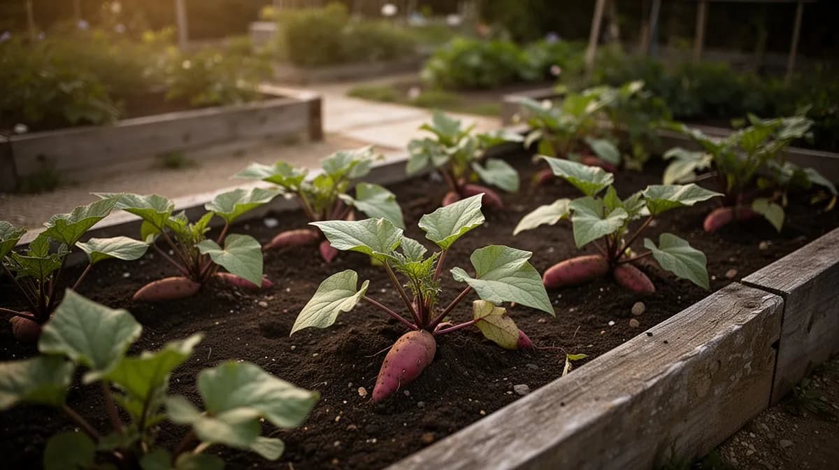Healthy sweet potato plants growing in mounded rows in a sunny summer garden