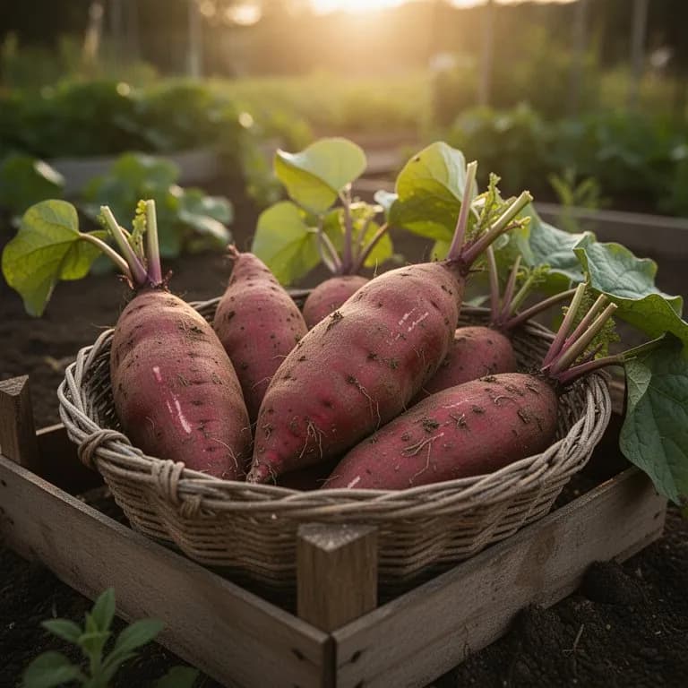 Freshly dug Garnet sweet potatoes with deep reddish-orange skin and clinging garden soil