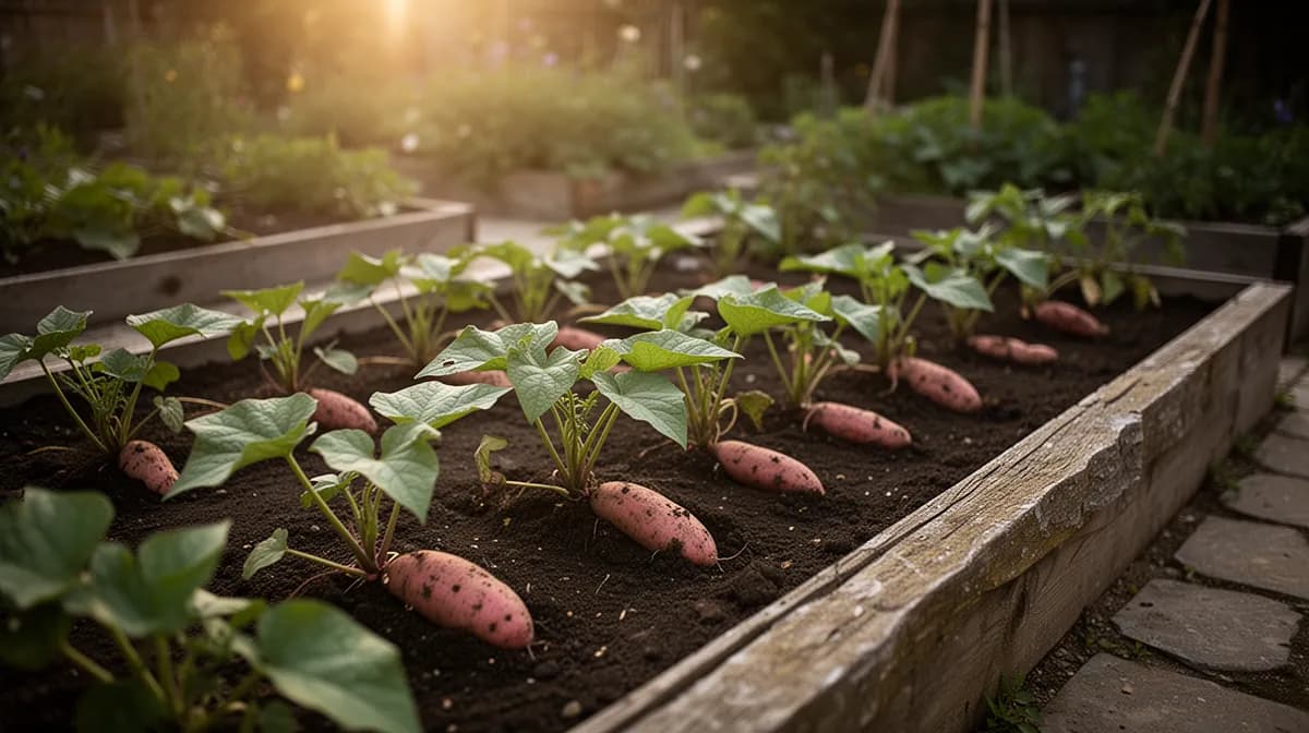 Japanese sweet potato bed with lush trailing vines in full summer sun