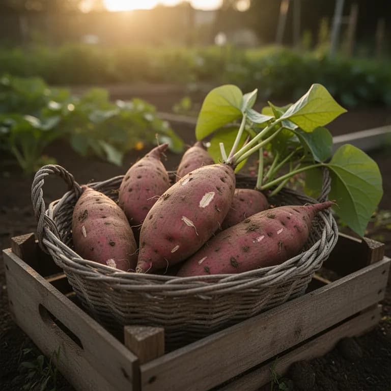 Freshly dug Japanese sweet potatoes with deep purple skin in garden soil