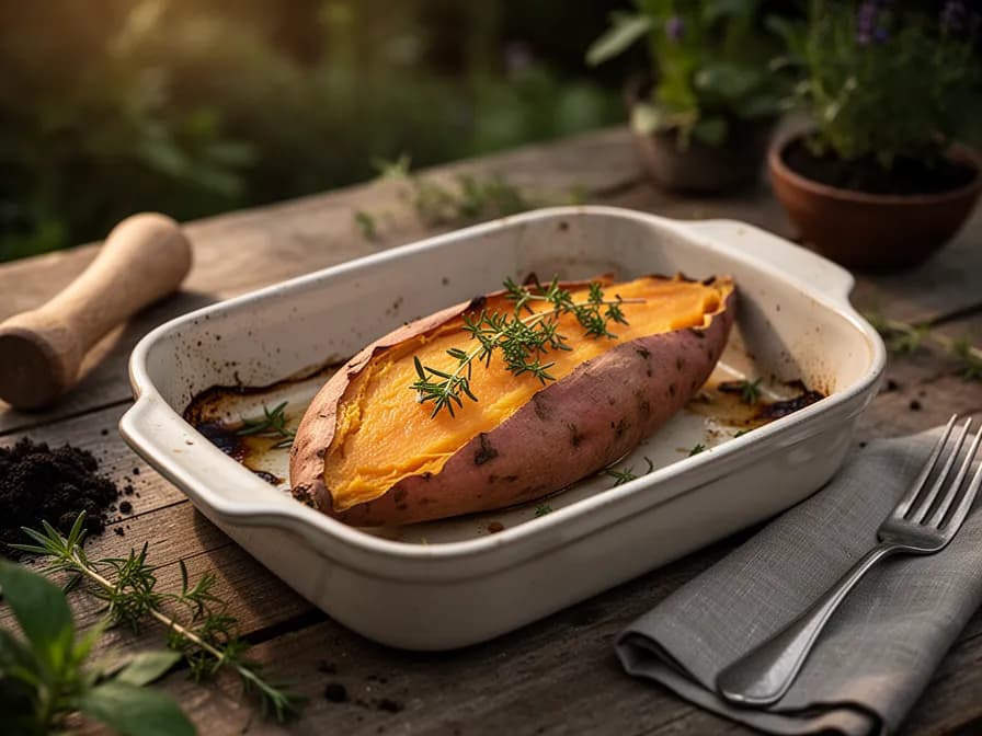 Whole roasted Japanese sweet potato split open revealing caramelized golden interior
