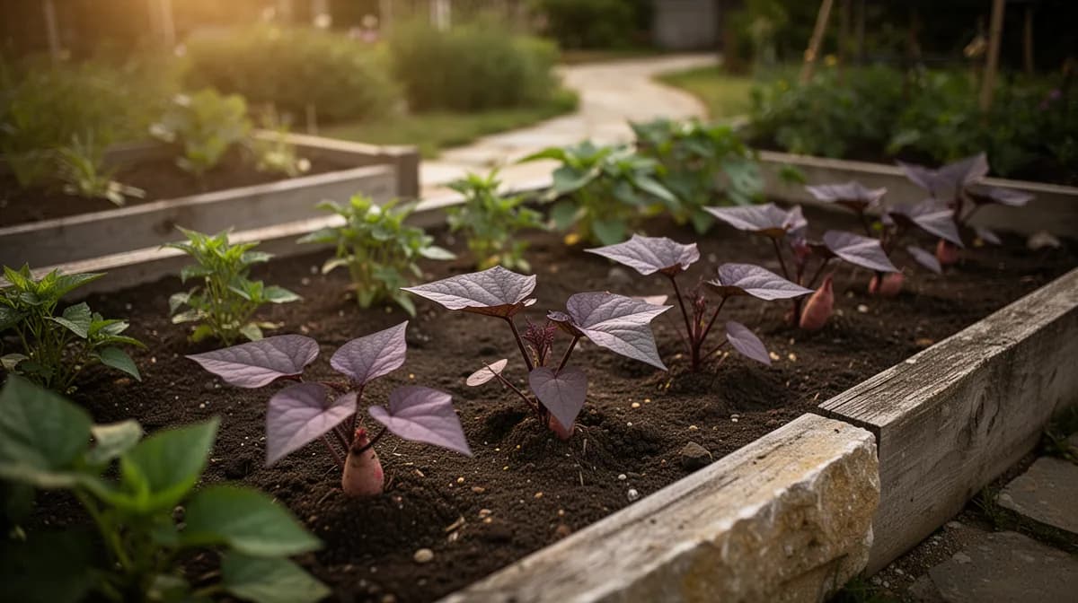 Lila Süßkartoffelbeet mit kriechenden Ranken in voller Sommersonne