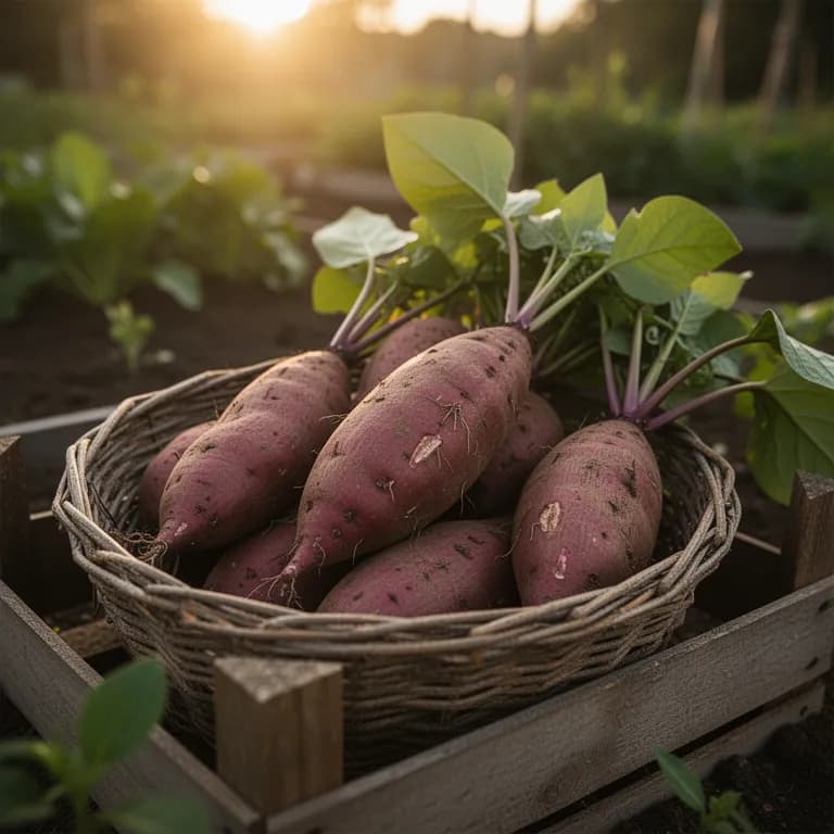 Frisch ausgegrabene lila Süßkartoffeln mit tiefvioletter Schale in Gartenerde