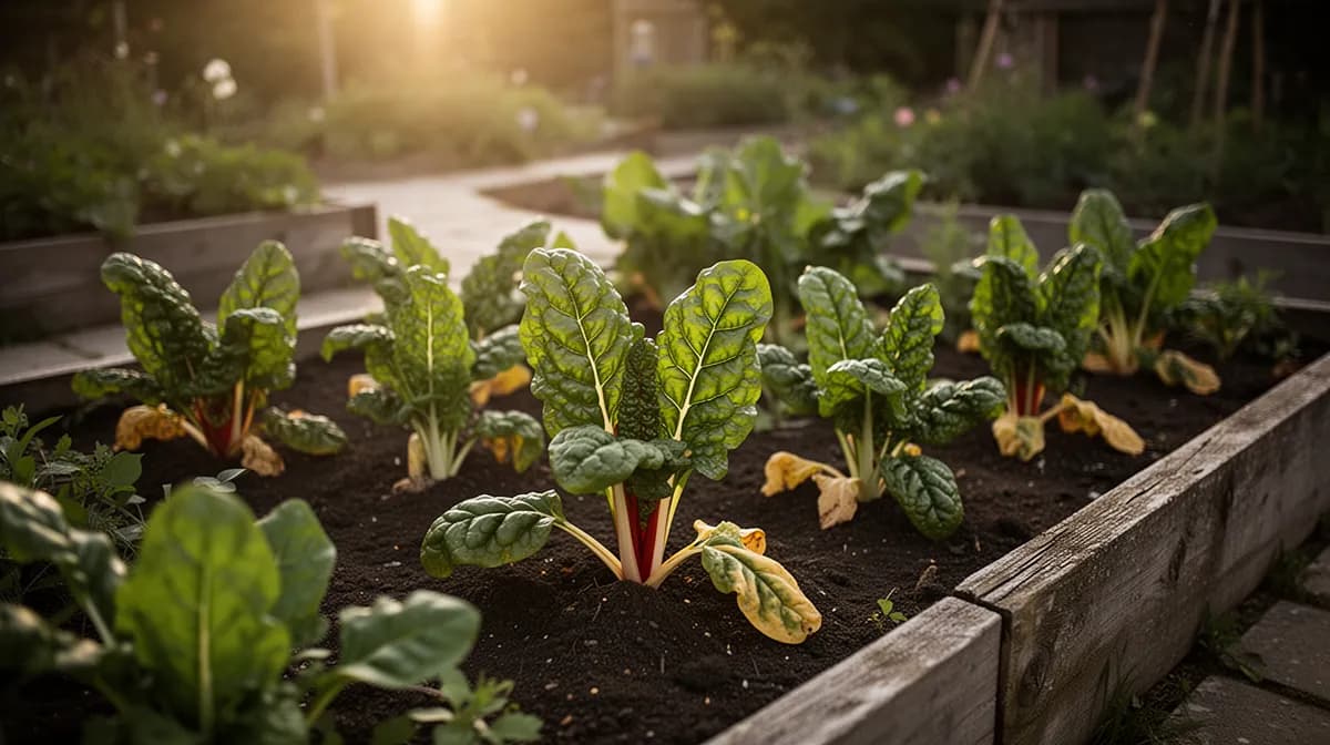 Swiss chard plants growing in a garden bed