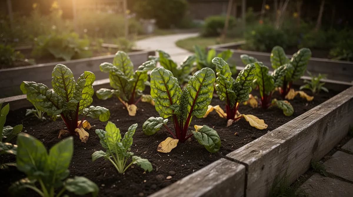 A row of ruby swiss chard plants glowing in afternoon sunlight in a raised garden bed