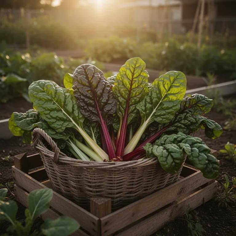 Freshly harvested ruby swiss chard leaves bundled with bright crimson stems visible