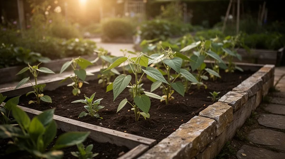 Schwertbohnenpflanzen, die an einem bogenförmigen Spalier wachsen und einen grünen Tunnel im Garten bilden