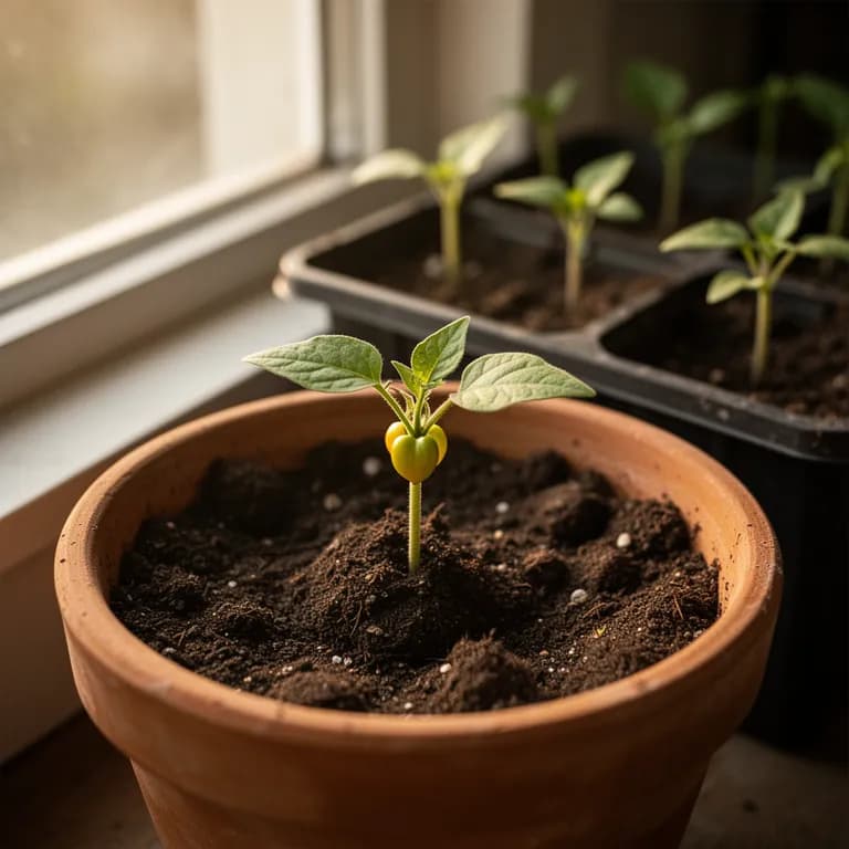 Junger Tamarillo-Sämling mit großen, samtigen Blättern, der aus einem Anzuchttopf wächst