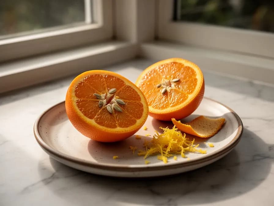 Frisch geschälte Tangerine, auf einem Holzbrett in Spalten geteilt, mit leuchtendem orangefarbenem Fruchtfleisch