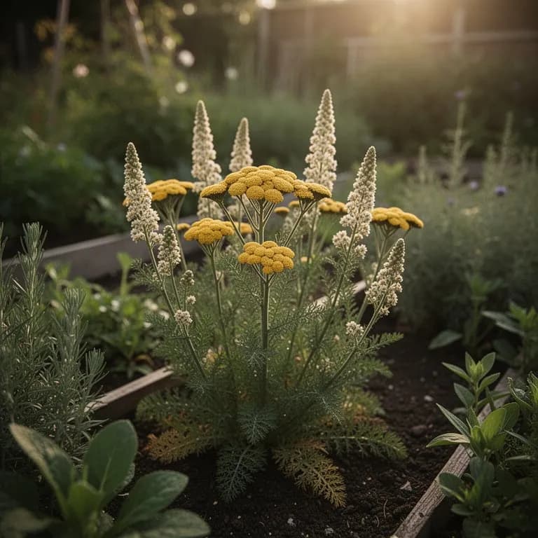 Planta de tanaceto en plena floración con racimos planos de flores amarillas en forma de botón