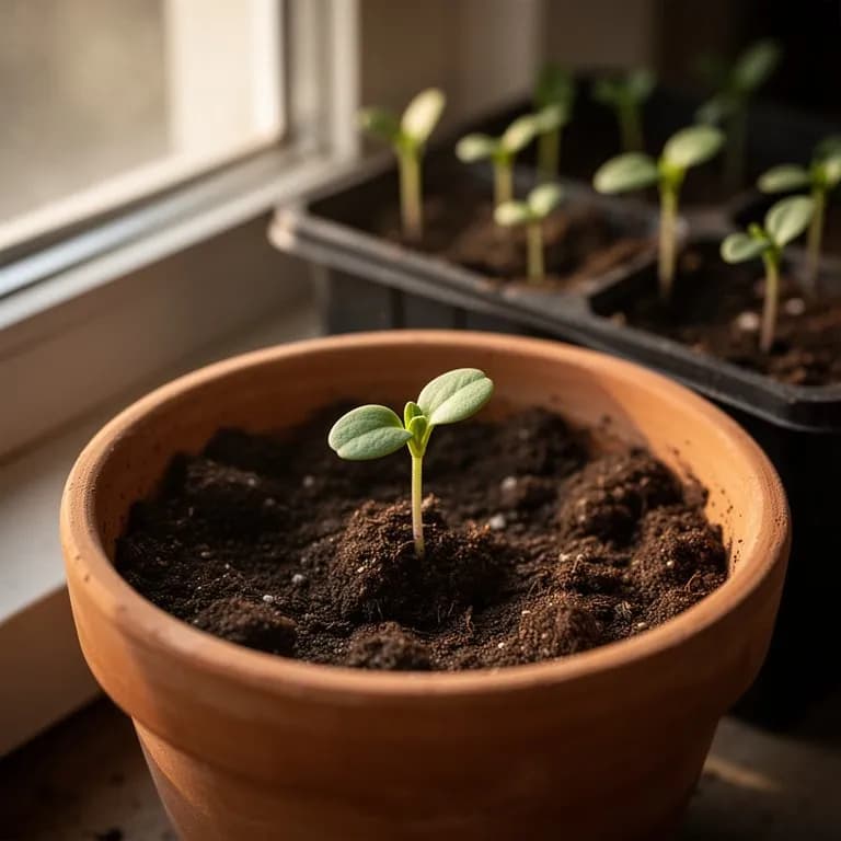 Joven plántula de tanaceto con hojas finamente divididas parecidas a un helecho