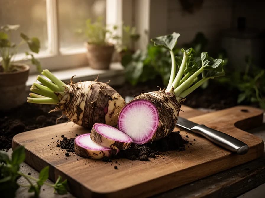 Freshly harvested taro corm with rough brown skin and white-purple flesh visible at the cut end