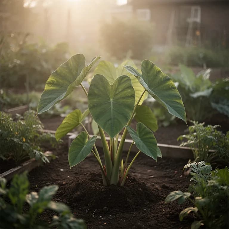 Large heart-shaped taro leaves covered in morning dew drops that bead on the waxy surface