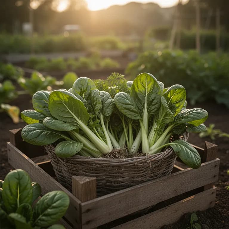 Frisch geerntete Tatsoi-Rosetten in einem Gartenkorb mit dunkel glänzenden Blättern