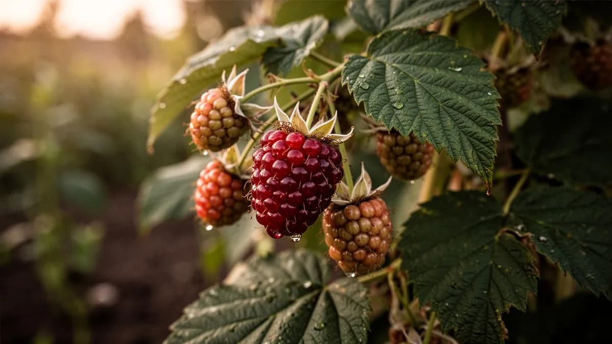 Cañas jóvenes de tayberry sujetas a un alambre de soporte en una hilera de jardín guiada